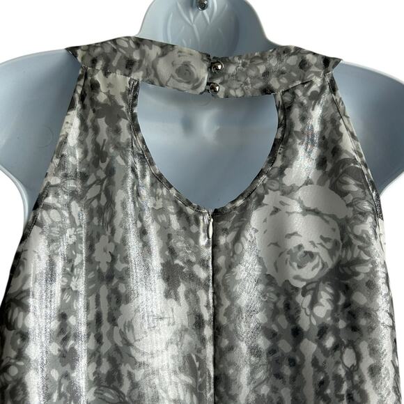 ECI Women Top 4 Metallic Silver Floral Rhinestone Neck Babydoll Disco‎ Glam Boho - Picture 4 of 11